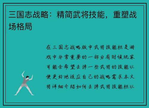 三国志战略：精简武将技能，重塑战场格局